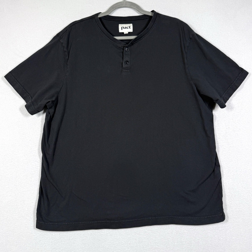 Pact Shirt Men XL Henley Button Short Sleeve Tee Organic Cotton Black Minimalist
